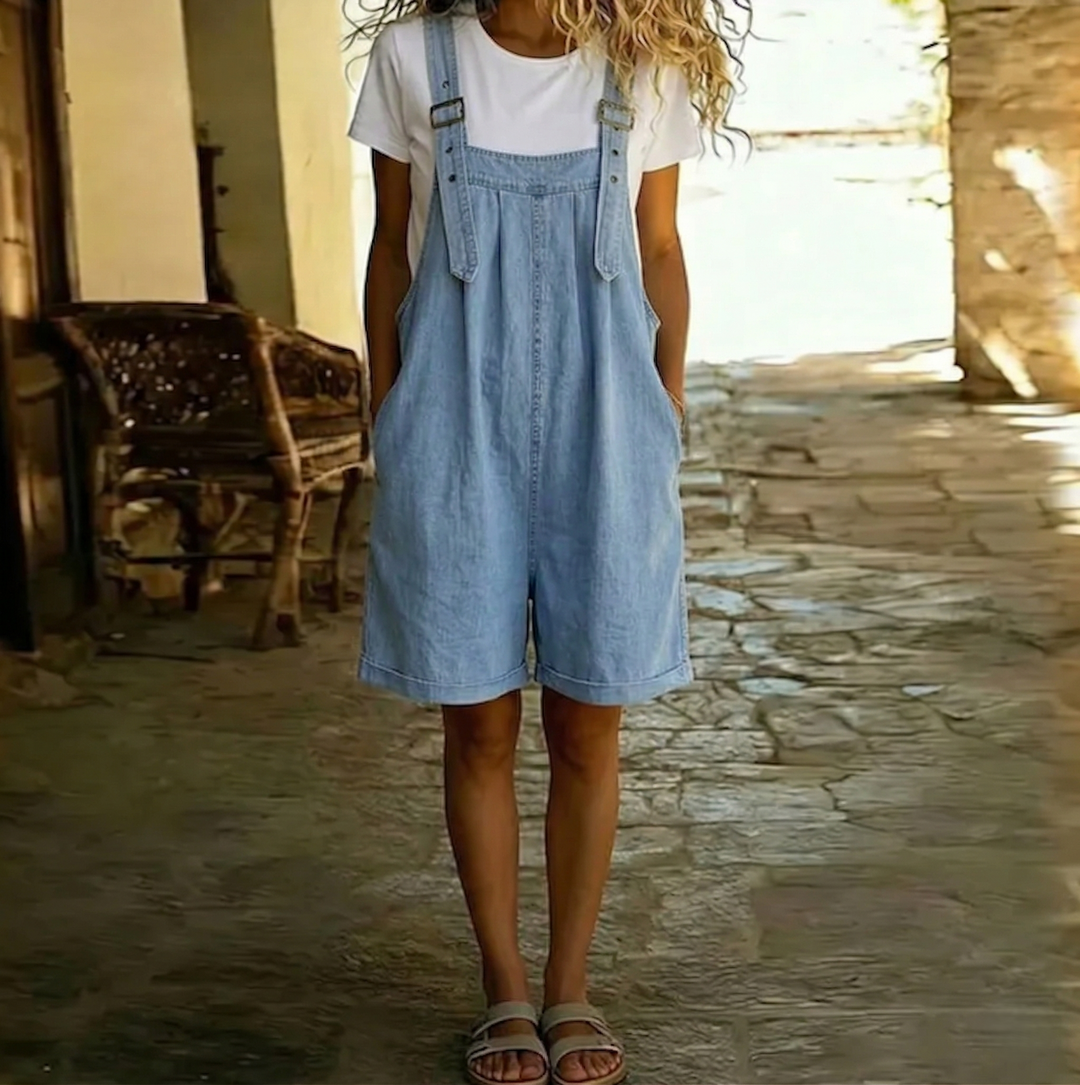 Clara | Salopette en denim de coton doux effet vintage lavé bleu clair