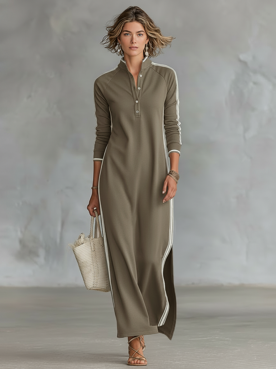Elena - Robe maxi en molleton à col chemise boutonné