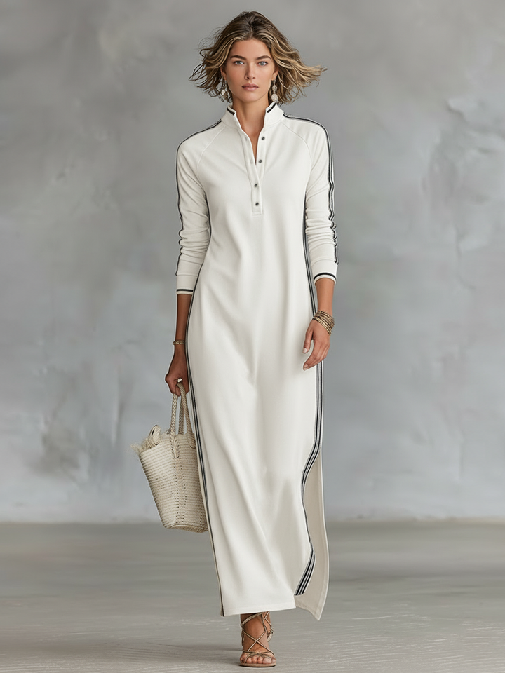 Elena - Robe maxi en molleton à col chemise boutonné