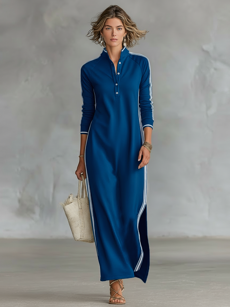 Elena - Robe maxi en molleton à col chemise boutonné