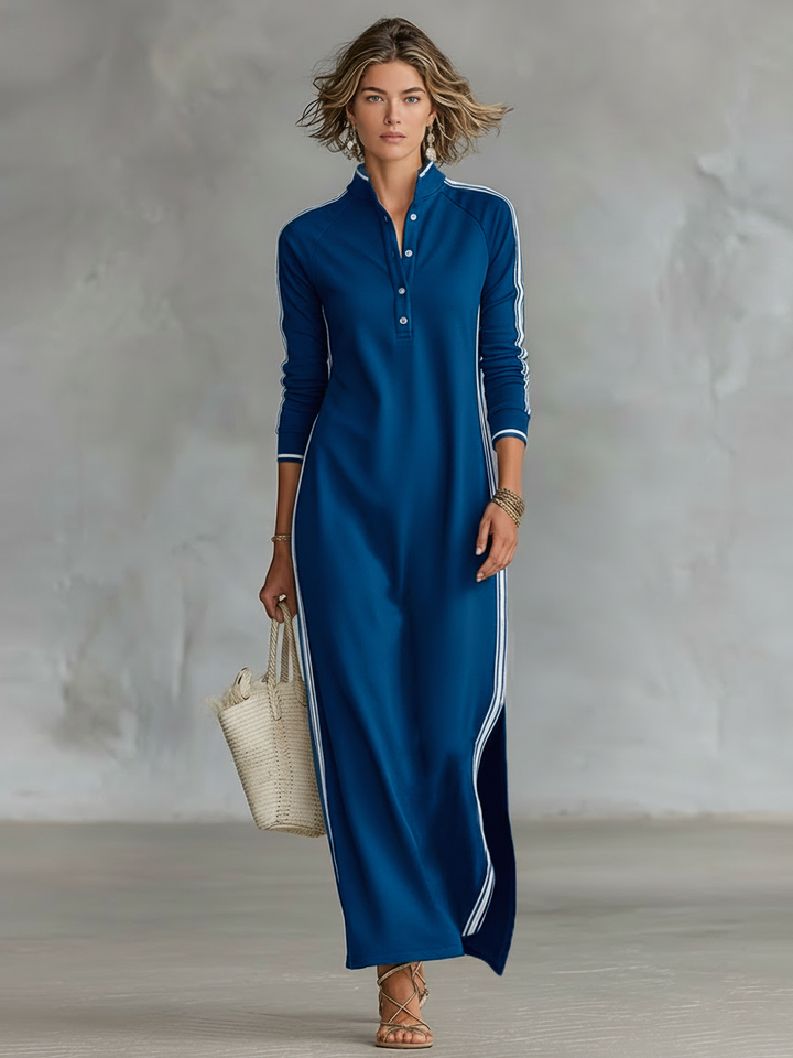 Elena - Robe maxi en molleton à col chemise boutonné