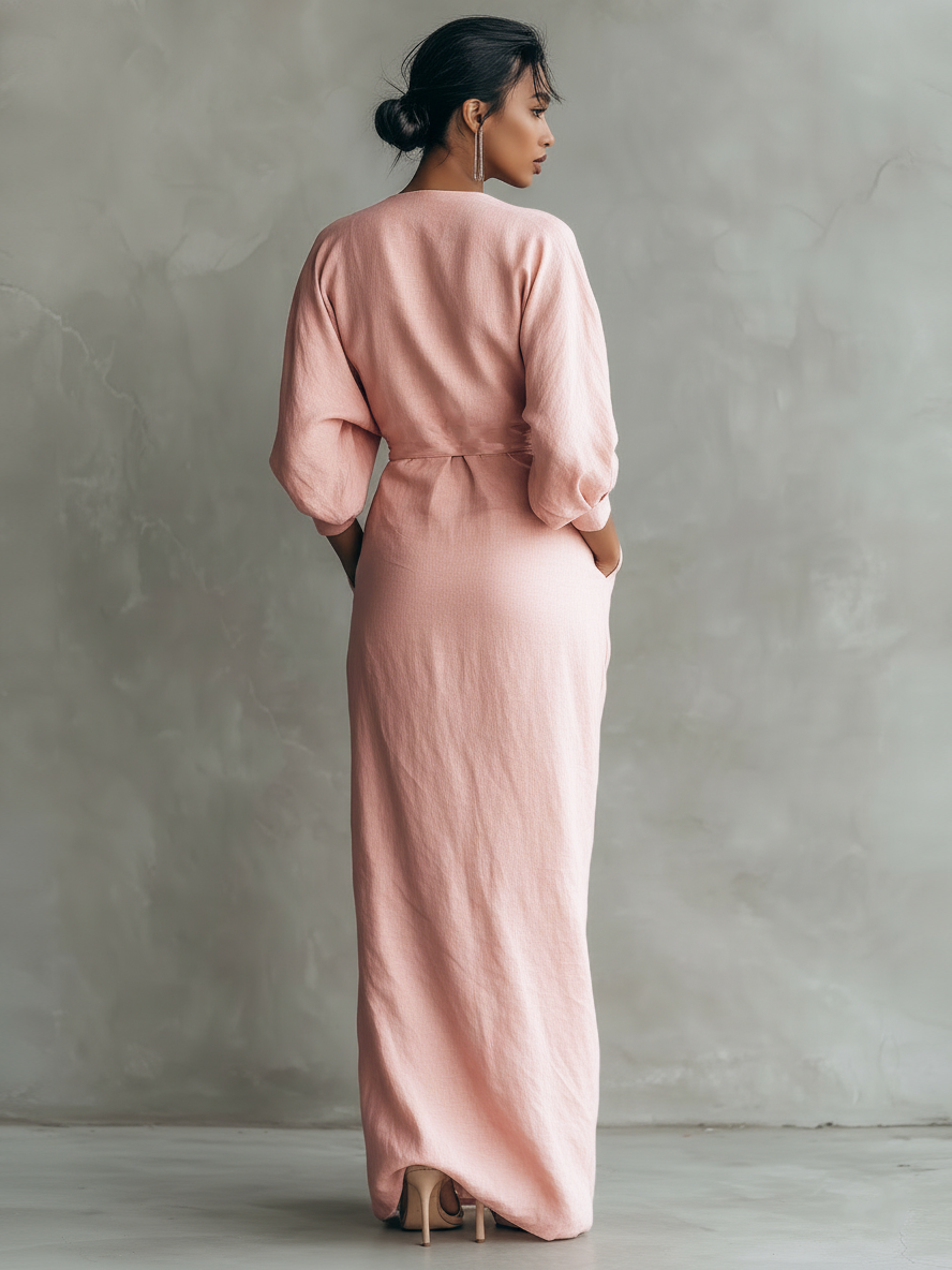 Eleonora - Robe Maxi en lin rose avec col en V