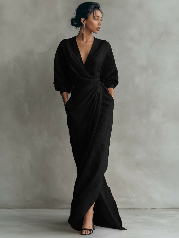 Eleonora - Robe Maxi en lin rose avec col en V