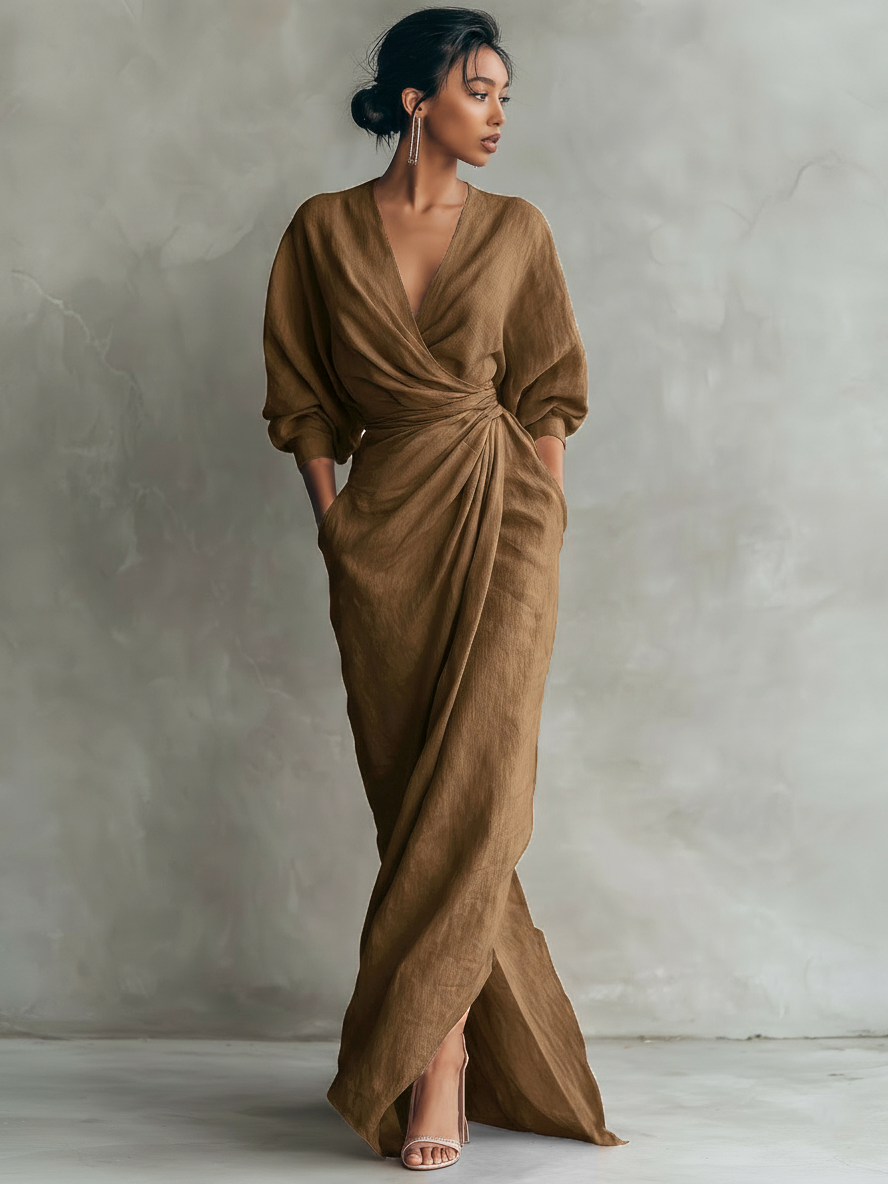 Eleonora - Robe Maxi en lin rose avec col en V