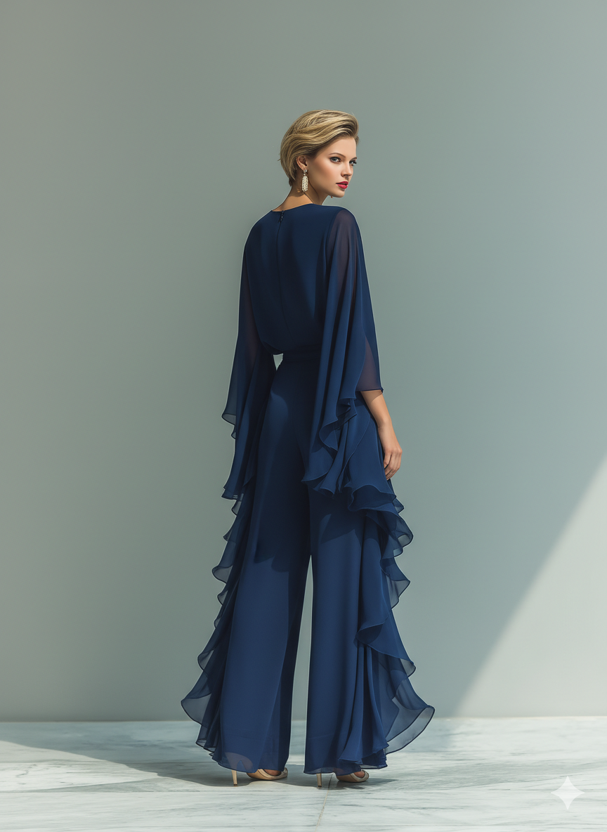 Margherita - Ensemble en chiffon bleu marine avec manches cloche et volant