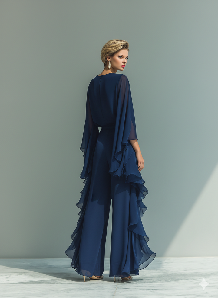 Margherita - Ensemble en chiffon bleu marine avec manches cloche et volant