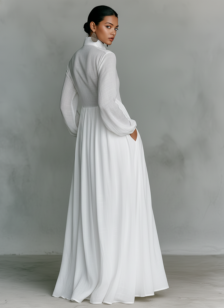 Marta - Robe maxi en lin avec détails patchwork et col montant