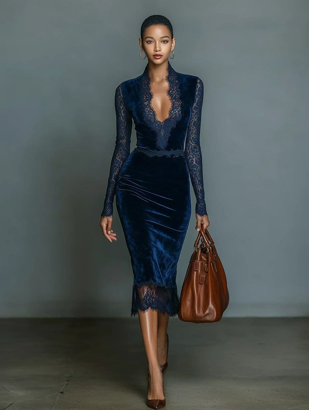 Beatrice - Robe midi en velours bleu nuit avec décolleté en V et dentelle