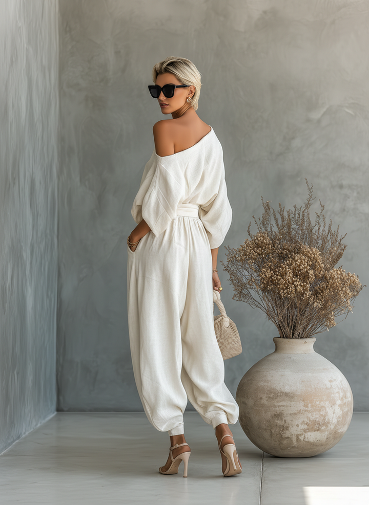 Paola - Ensemble en lin à épaules dénudées et pantalon fuselé