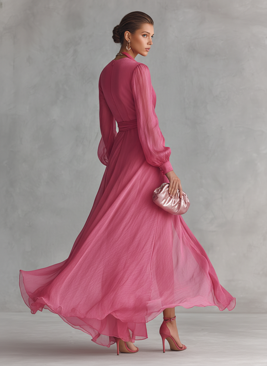 Noemi - Robe longue en chiffon avec des perles et décolleté en V