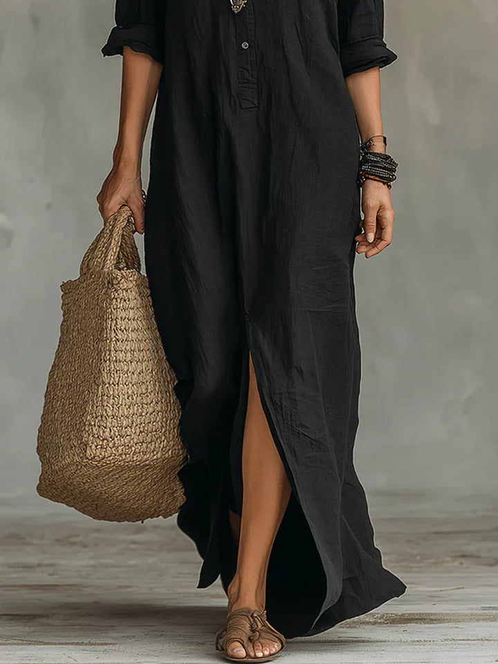 Céline™ | Robe Maxi Noire Ample à Boutons