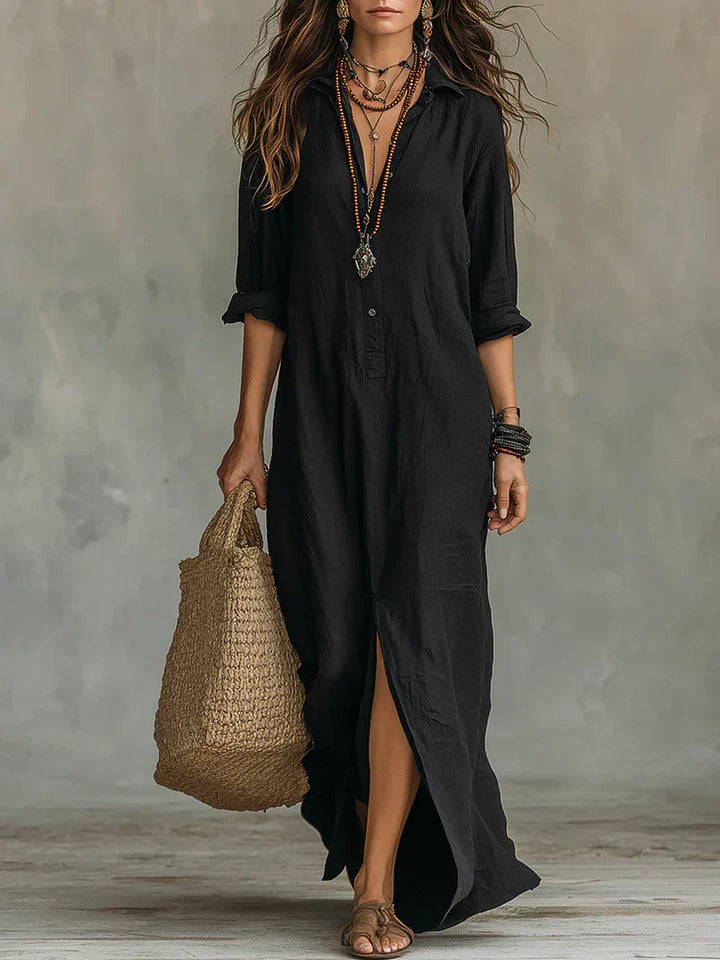 Céline™ | Robe Maxi Noire Ample à Boutons