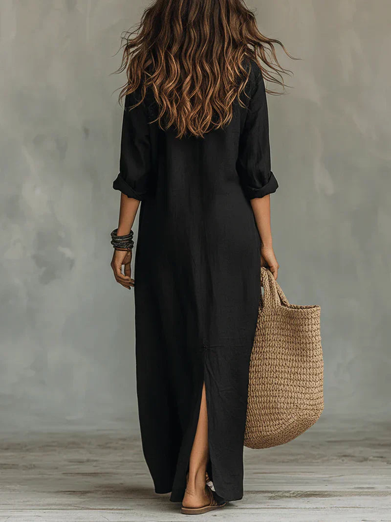 Céline™ | Robe Maxi Noire Ample à Boutons