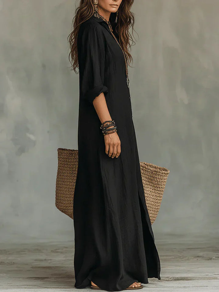Céline™ | Robe Maxi Noire Ample à Boutons