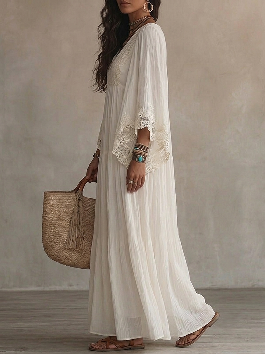 Adelaida | Robe longue en mousseline ivoire avec manches chauve-souris et dentelle blanche