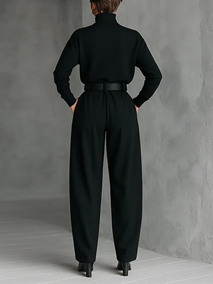 Noëlla | Ensemble Haut Col Roulé Noir et Pantalon Droit