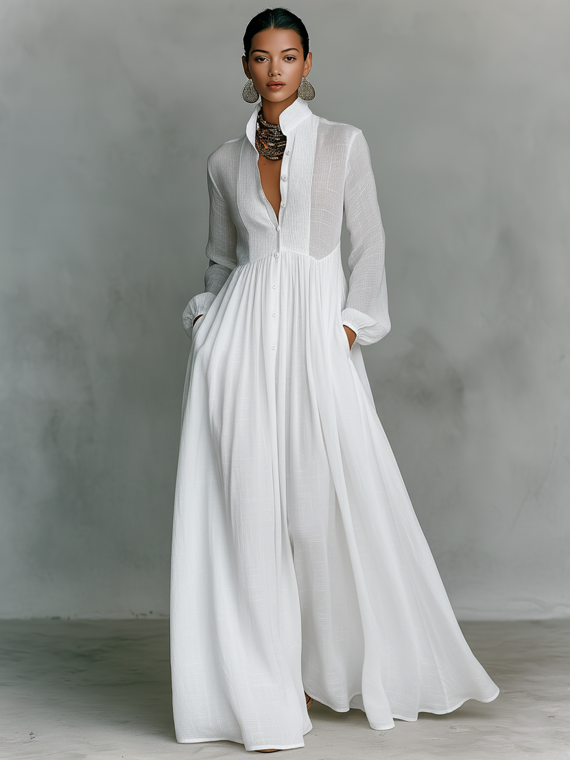 Marta - Robe maxi en lin avec détails patchwork et col montant