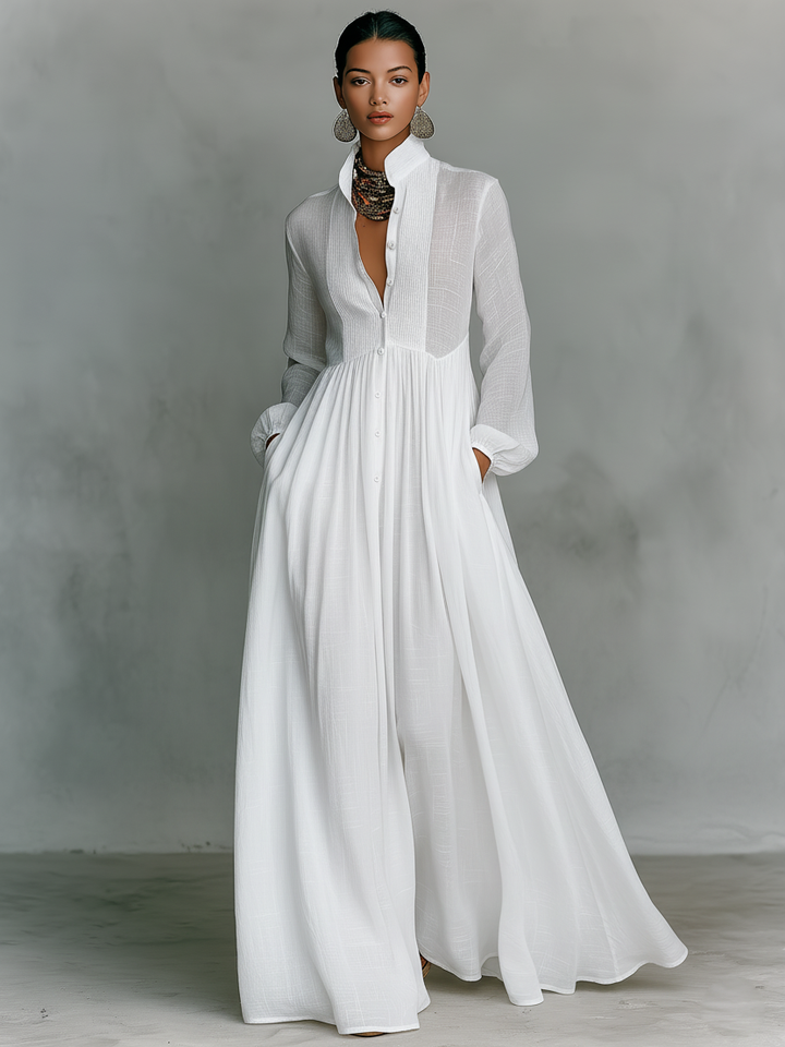 Marta - Robe maxi en lin avec détails patchwork et col montant