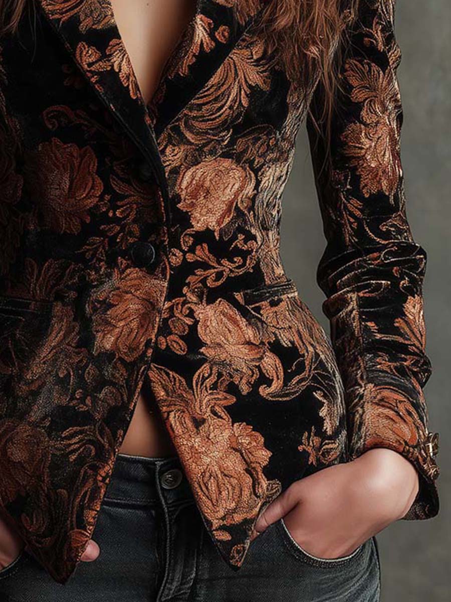 Arabella | Blazer ajusté noir et bronze à motif floral