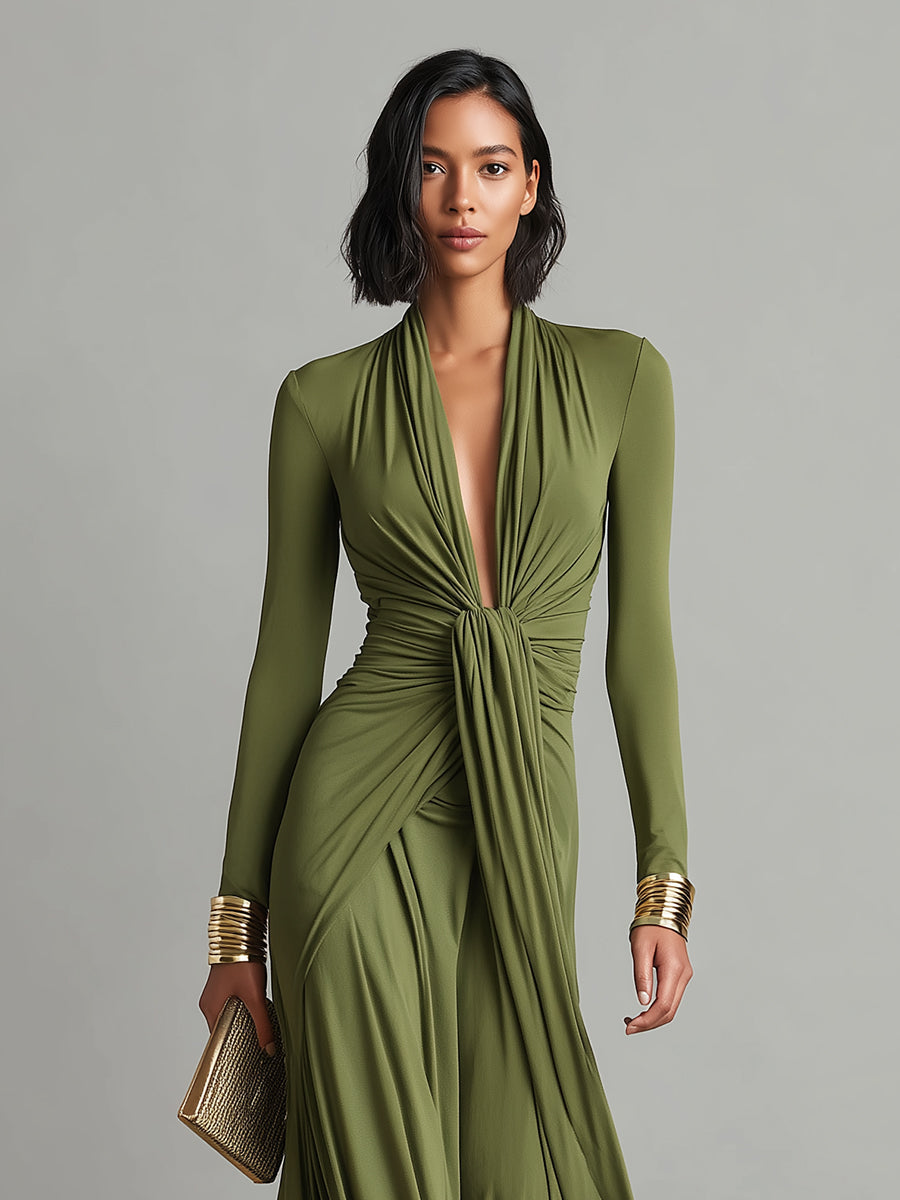 Vittoria - Robe Maxi en Soie Olive avec Décolleté en V Profond