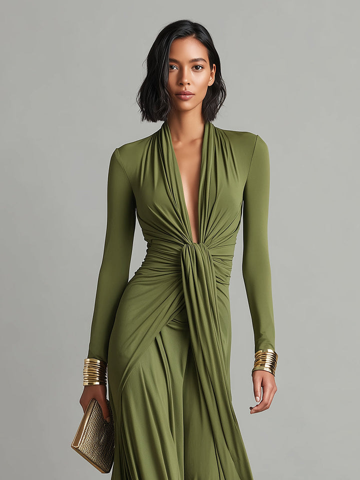 Vittoria - Robe Maxi en Soie Olive avec Décolleté en V Profond