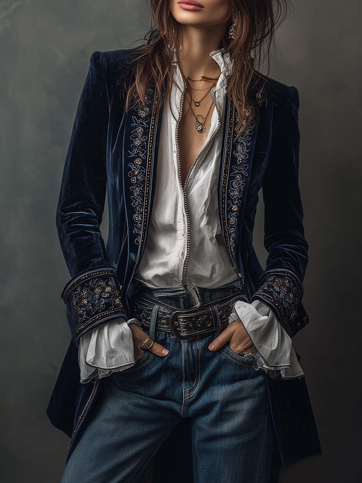 Marguerite | Veste longue brodée bleu marine