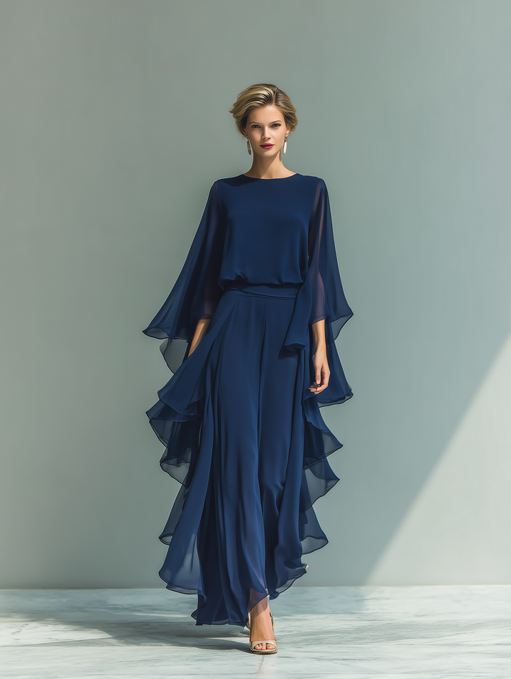 Margherita - Ensemble en chiffon bleu marine avec manches cloche et volant