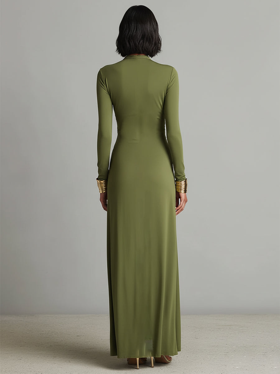Vittoria - Robe Maxi en Soie Olive avec Décolleté en V Profond
