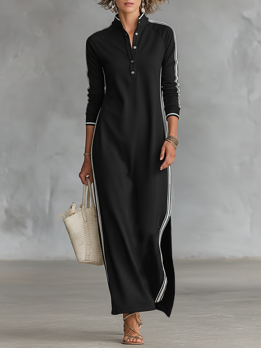 Elena - Robe maxi en molleton à col chemise boutonné