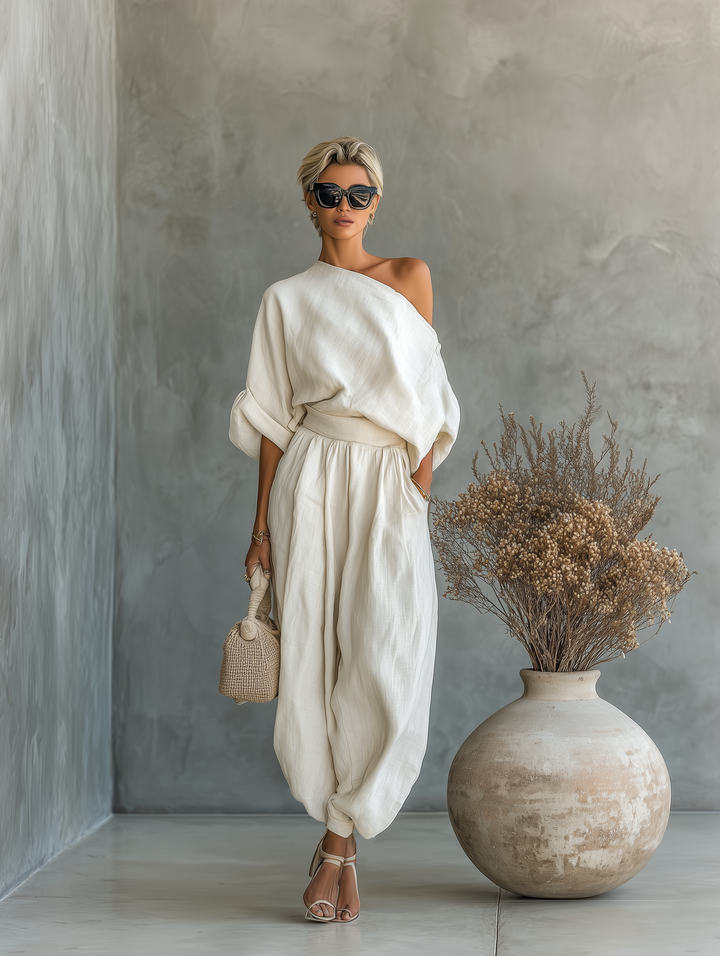 Paola - Ensemble en lin à épaules dénudées et pantalon fuselé