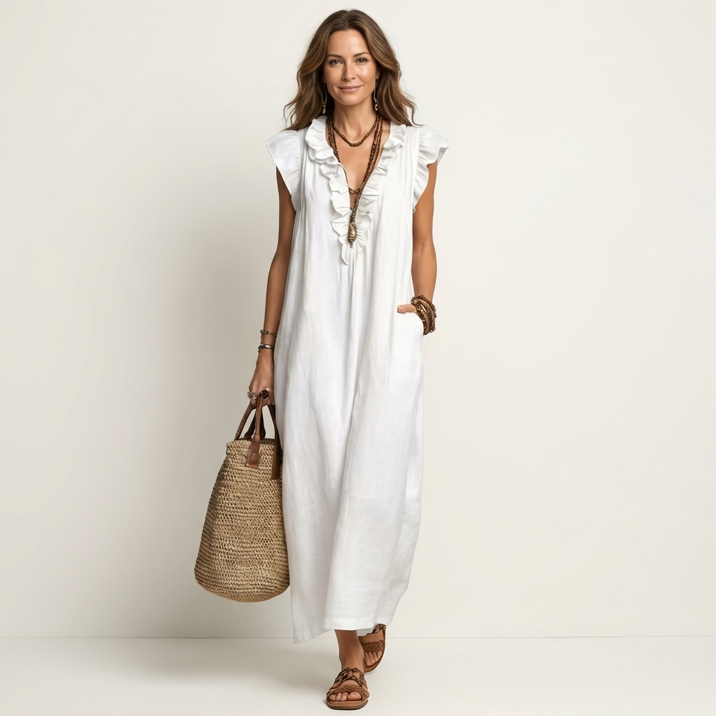 Josette | Robe maxi en lin à col en V avec volants