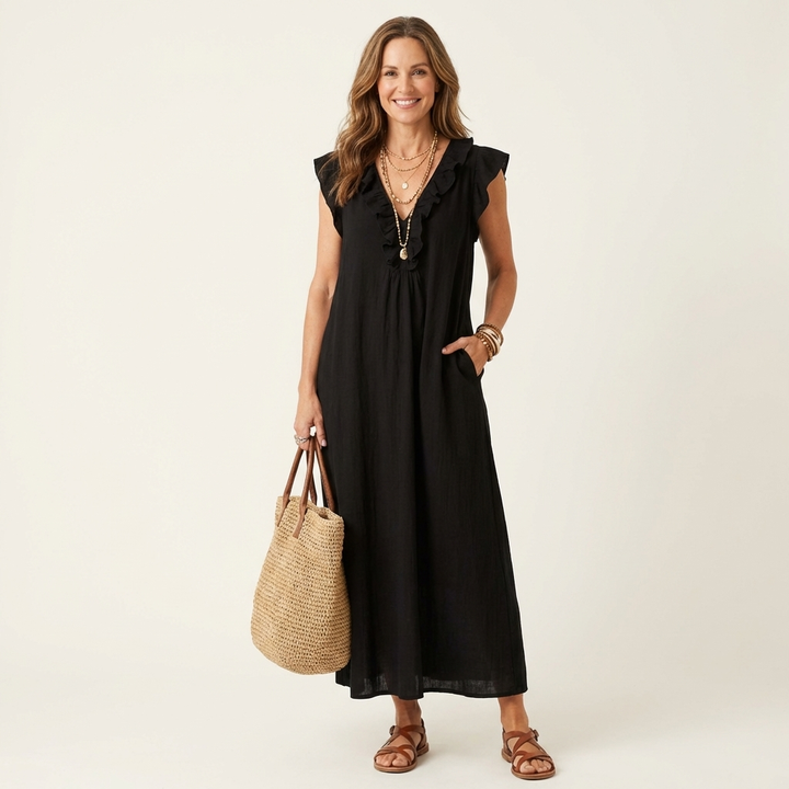 Josette | Robe maxi en lin à col en V avec volants