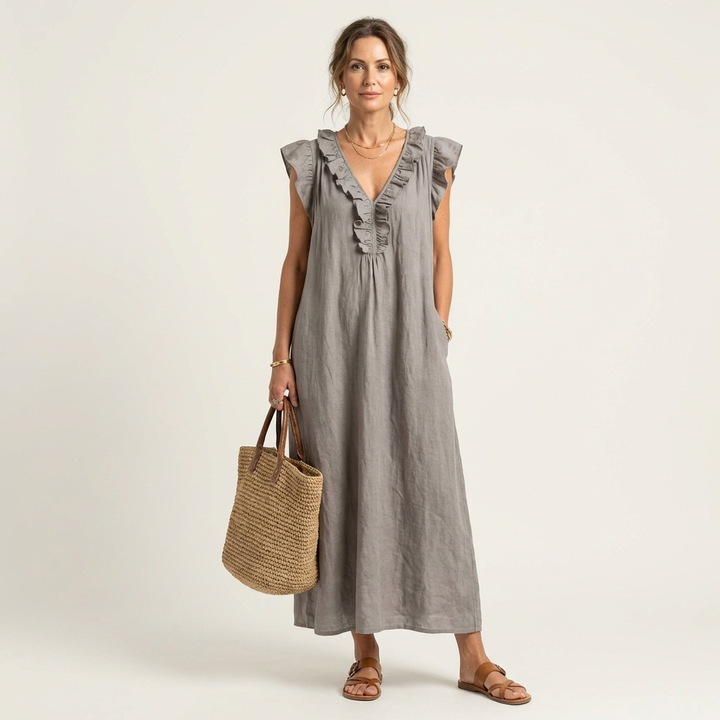 Josette | Robe maxi en lin à col en V avec volants
