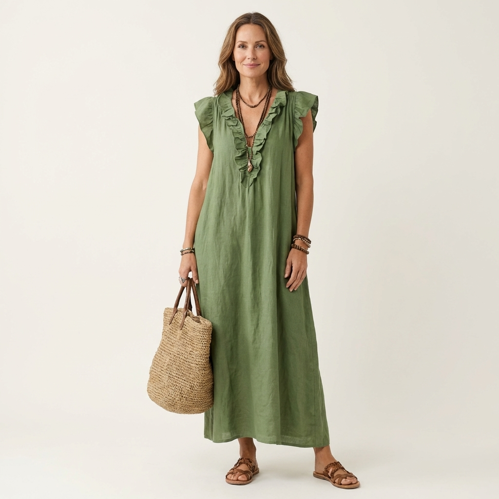 Josette | Robe maxi en lin à col en V avec volants
