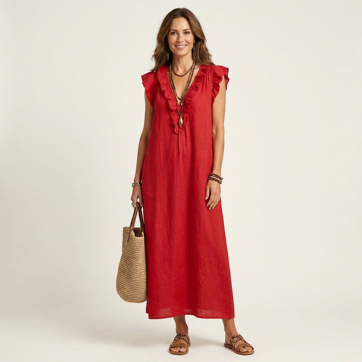 Josette | Robe maxi en lin à col en V avec volants