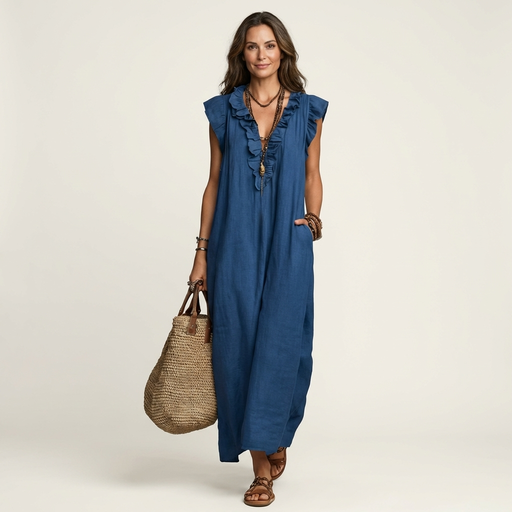 Josette | Robe maxi en lin à col en V avec volants