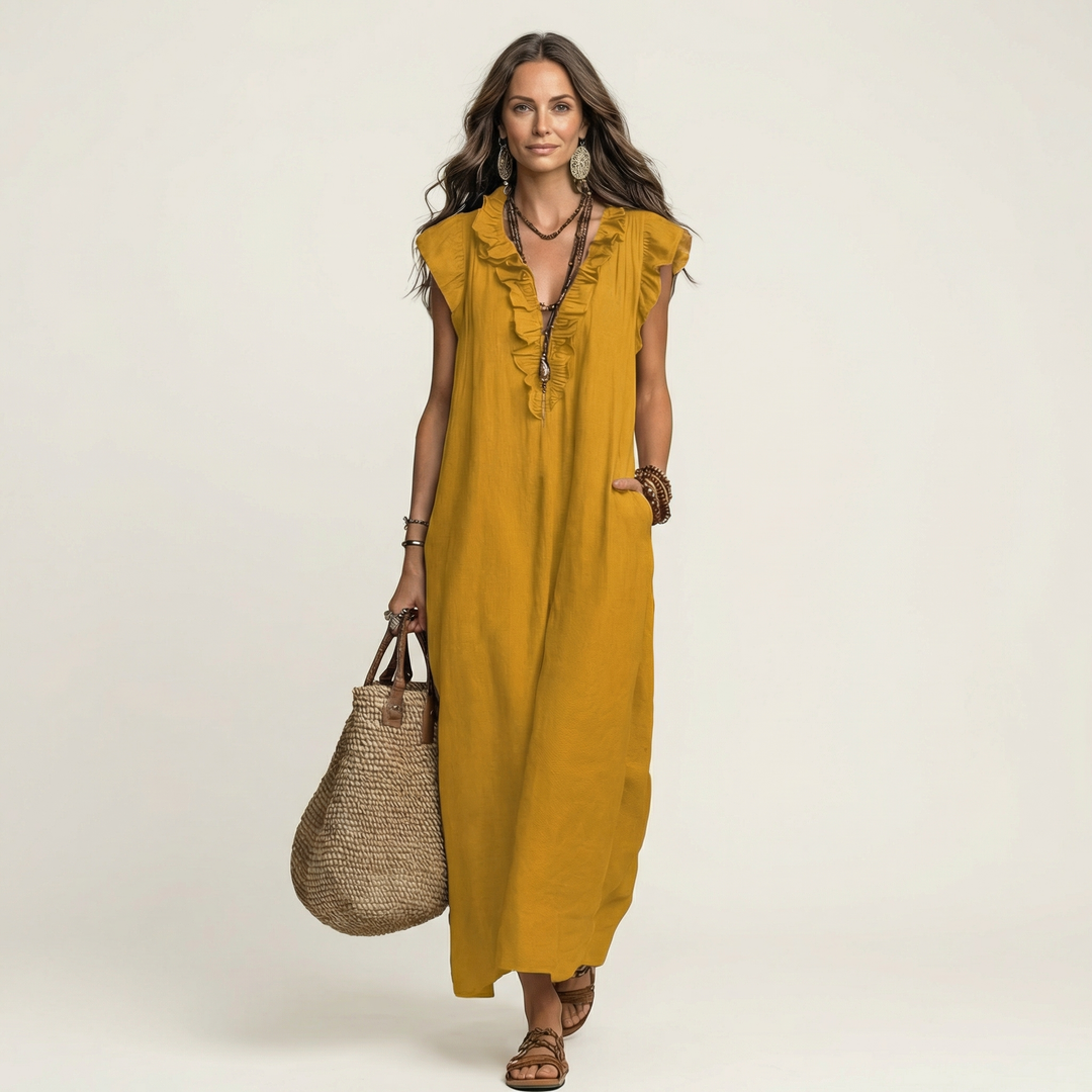 Josette | Robe maxi en lin à col en V avec volants