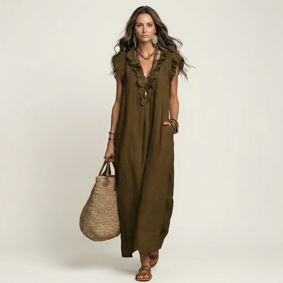 Josette | Robe maxi en lin à col en V avec volants