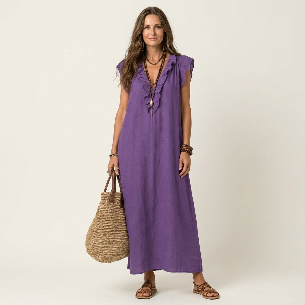 Josette | Robe maxi en lin à col en V avec volants
