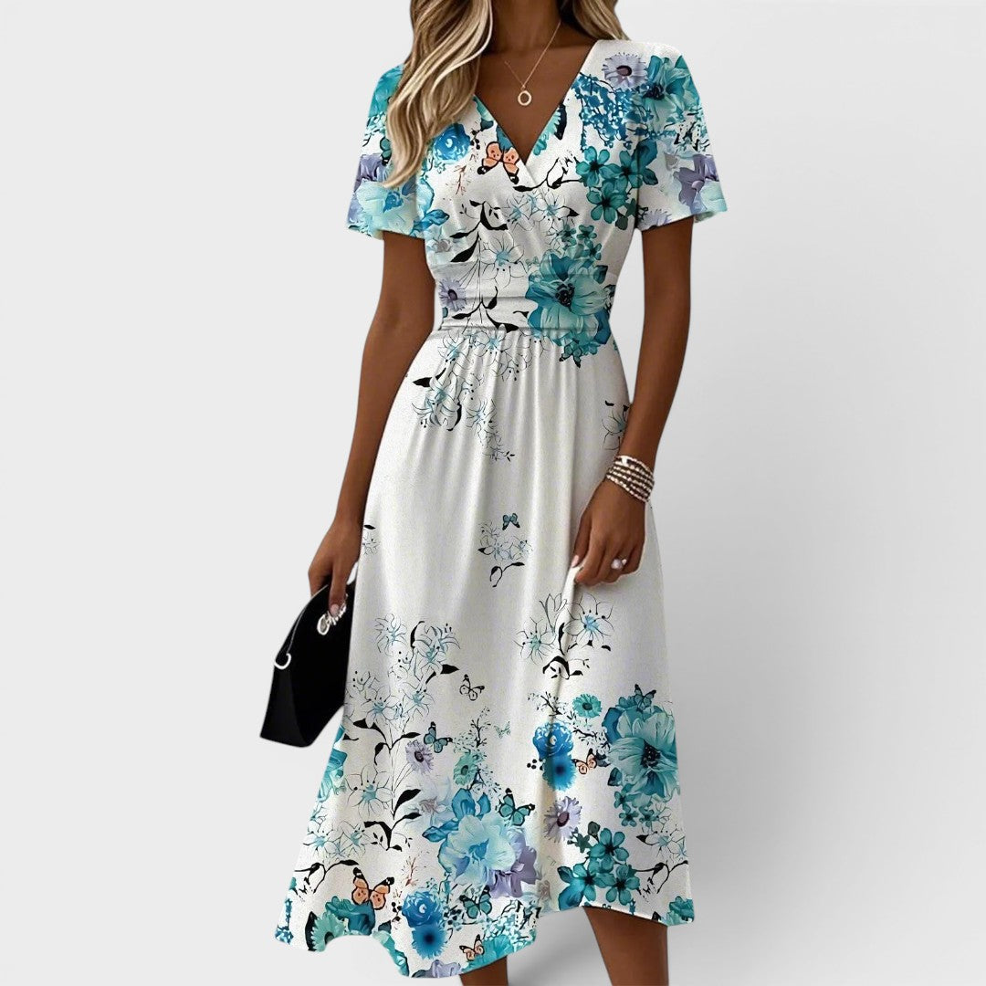 Seraphina | Robe midi bleue à fleurs à manches volantes