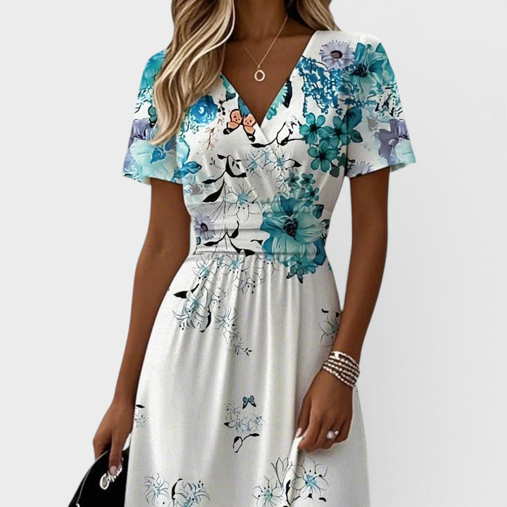 Seraphina | Robe midi bleue à fleurs à manches volantes