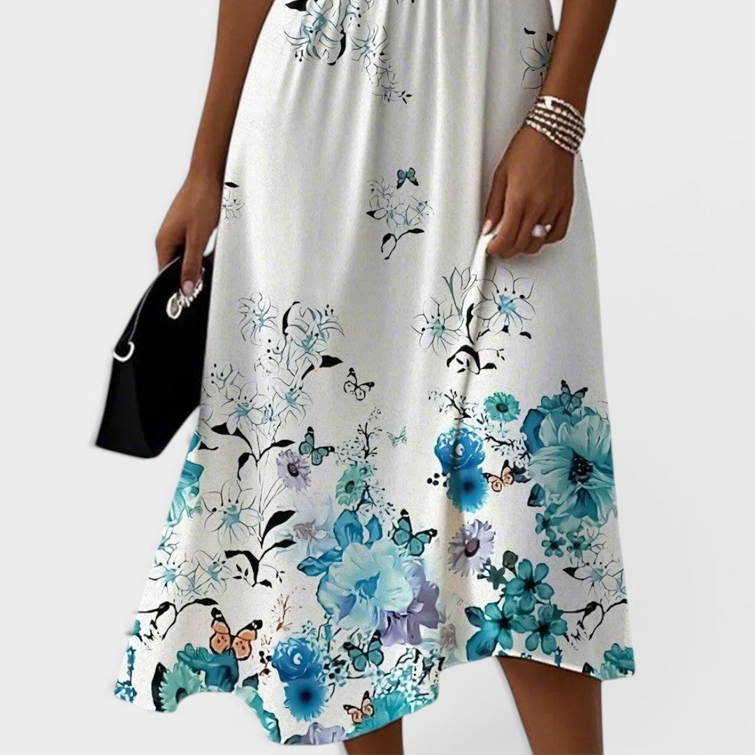 Seraphina | Robe midi bleue à fleurs à manches volantes