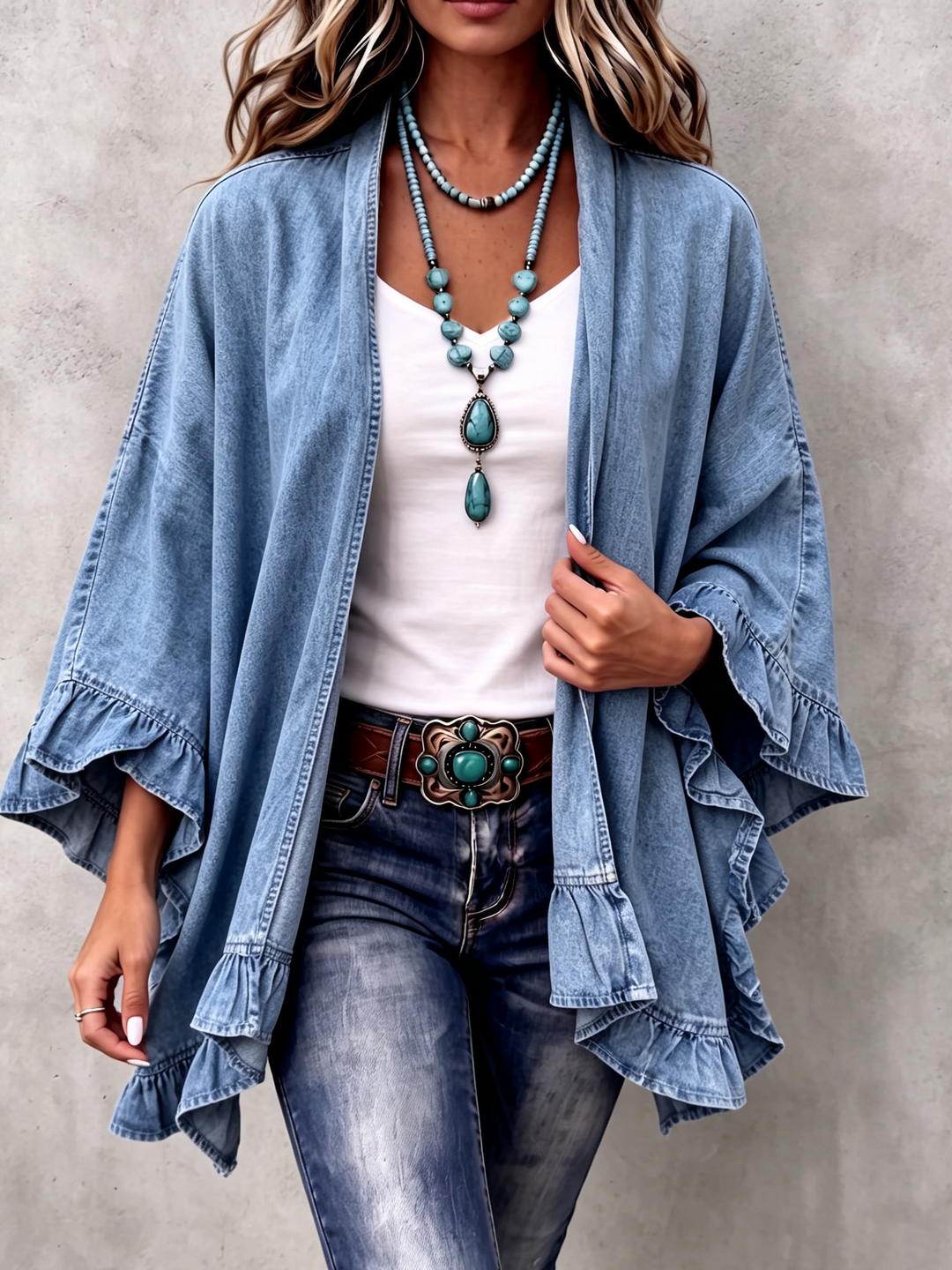 Corinne | Gilet en denim bohème chic à bordure volantée