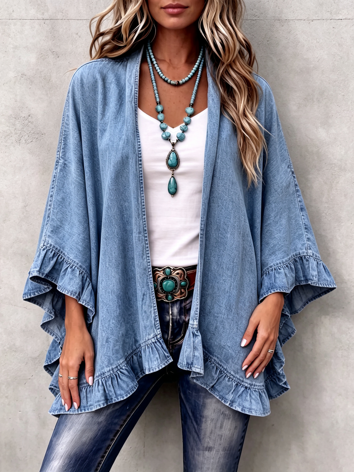 Corinne | Gilet en denim bohème chic à bordure volantée