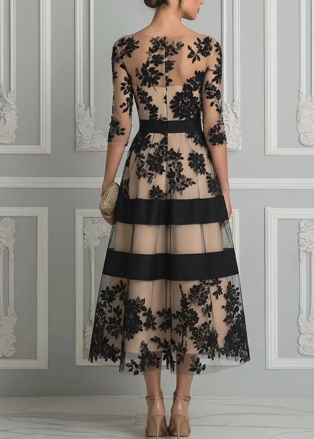 Erica – Robe de soirée midi élégante avec dentelle florale et tulle