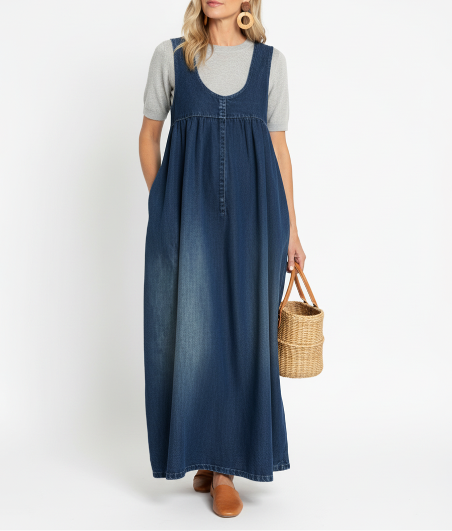 Karen | Robe longue en denim lavé vintage avec une touche de coton doux