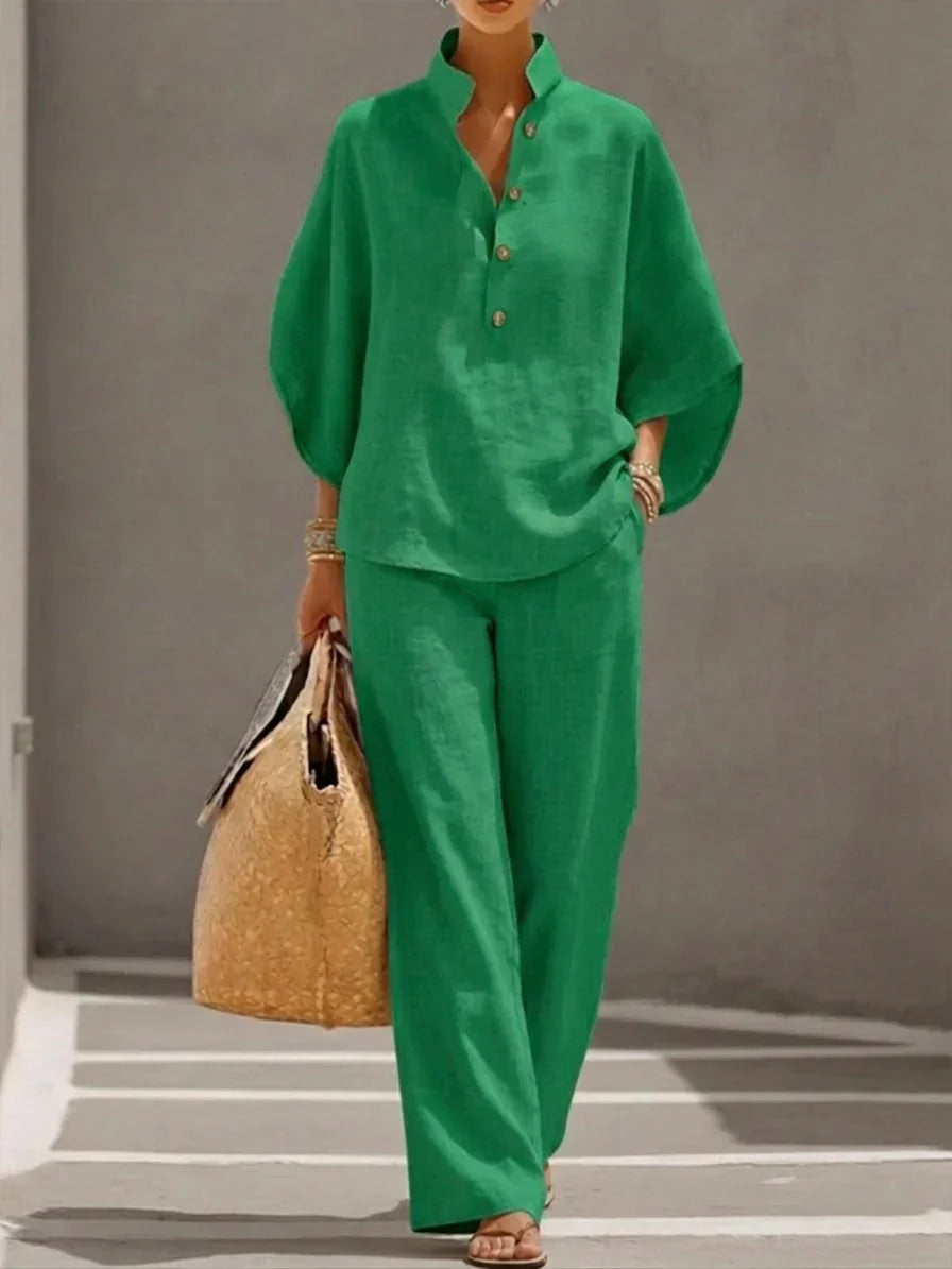 Sophie | Ensemble en lin avec manches chauve-souris et pantalon large