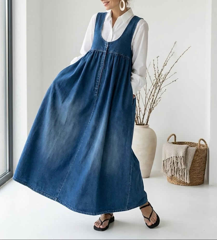 Karen | Robe longue en denim lavé vintage avec une touche de coton doux